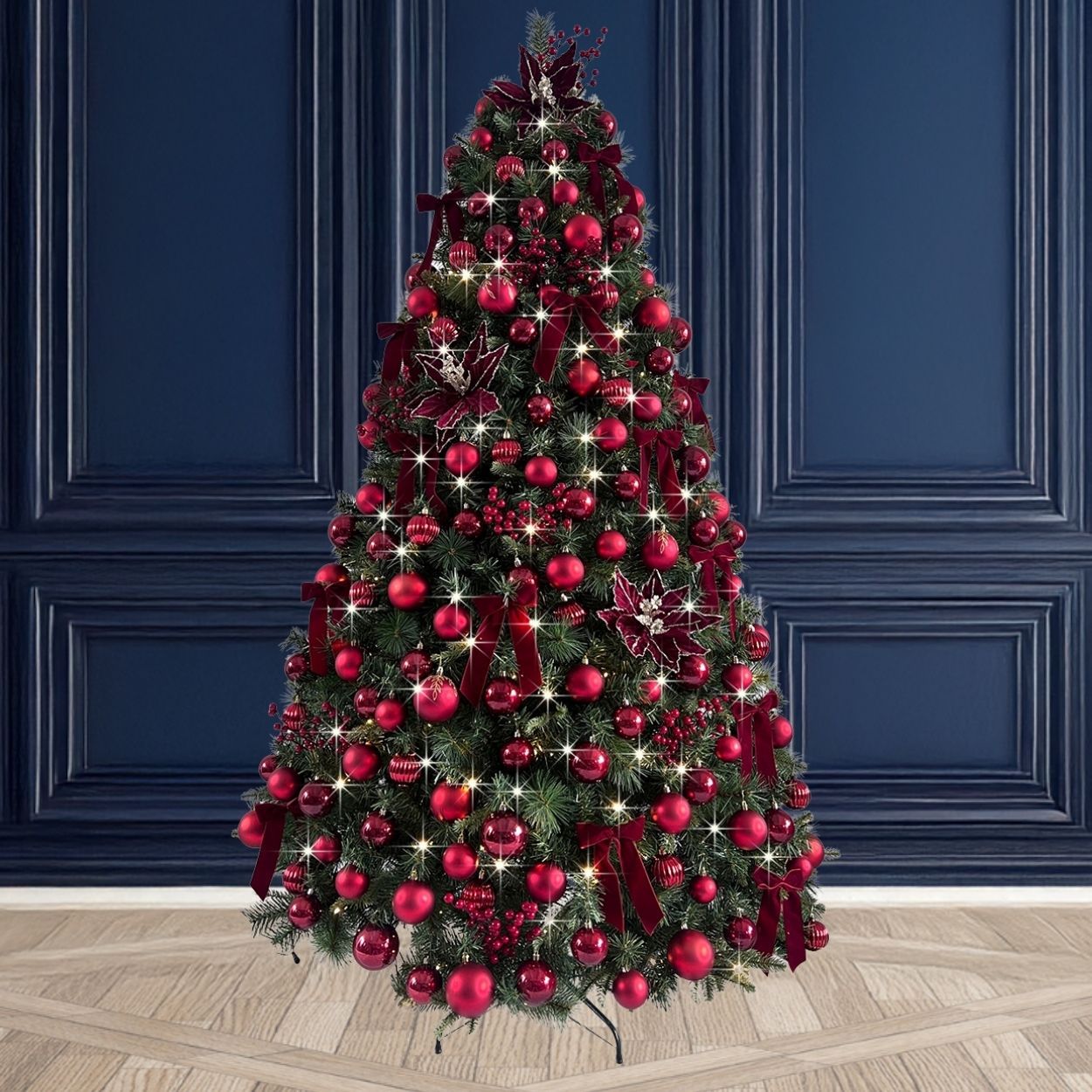 7Ft Tree Decorated Pre Lit Red Velvet Berry