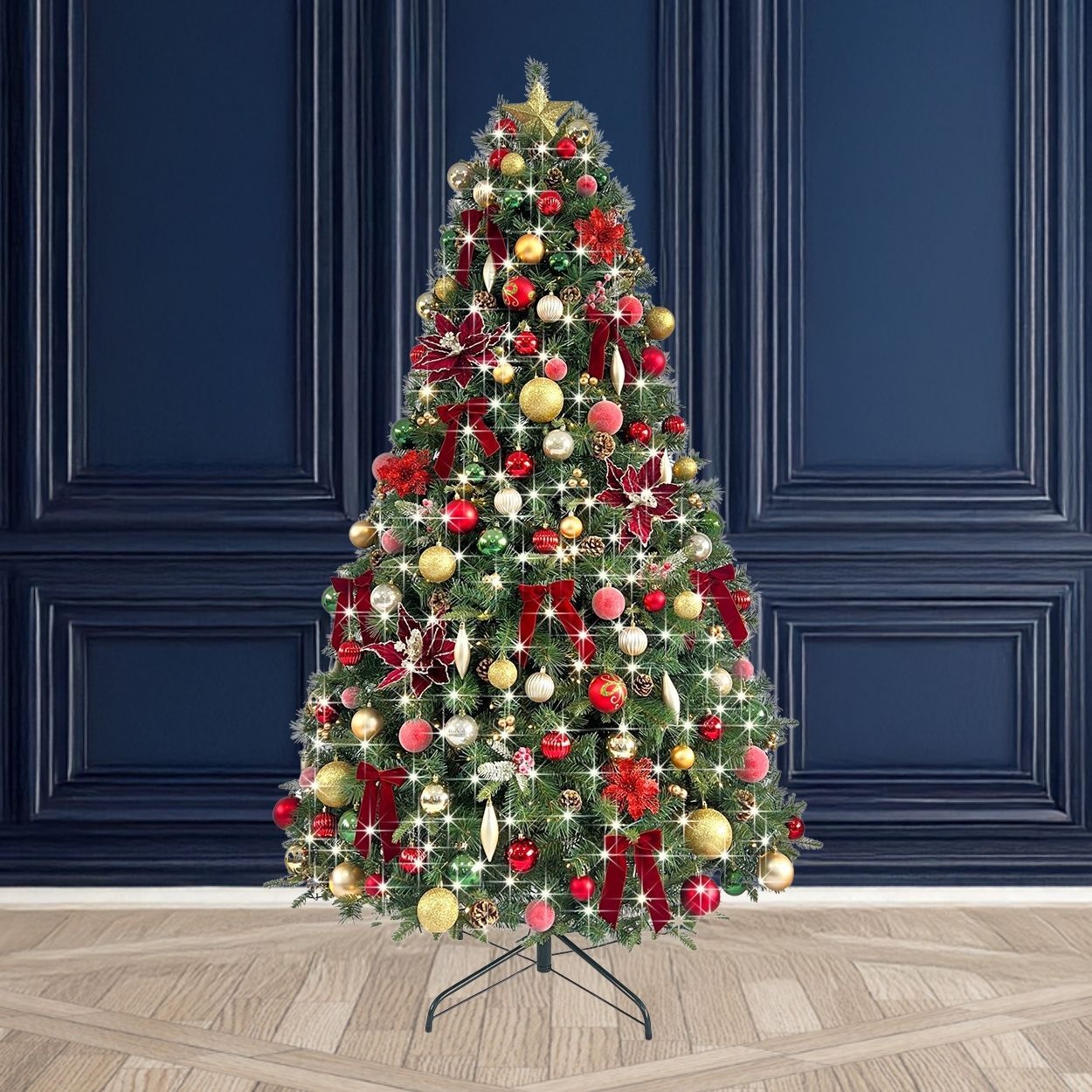 8Ft Tree Decorated Pre Lit Red Envy