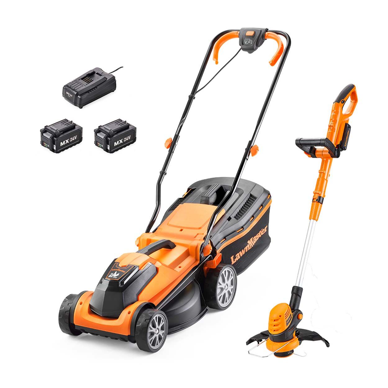 LawnMaster MX 24 34cm Lawnmower with 2 batteries and Grass Trimmer