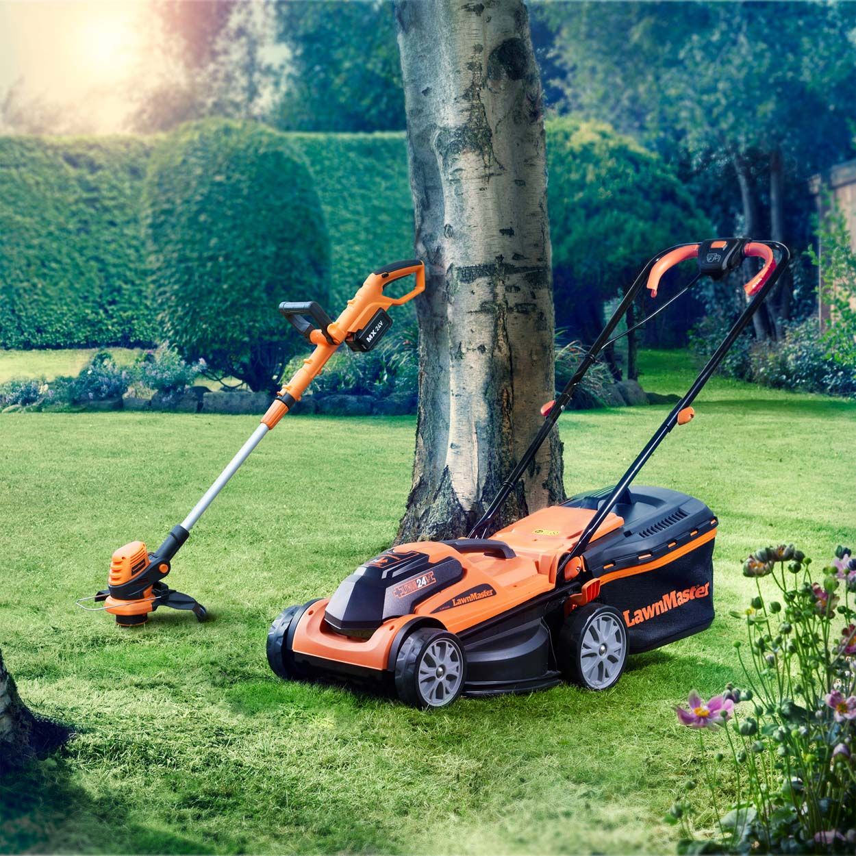 LawnMaster MX 24 34cm Lawnmower with 2 batteries and Grass Trimmer