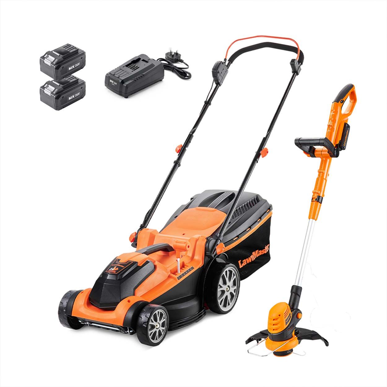 LawnMaster MX 24 37cm Lawnmower with 2 batteries and Grass Trimmer