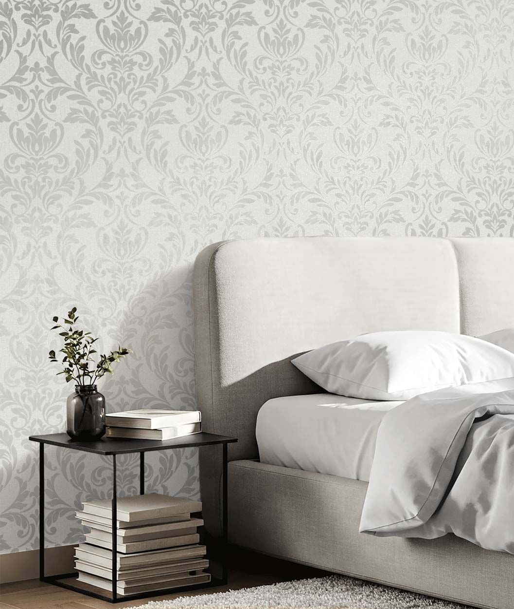 Azara Damask Wallpaper, Light Grey