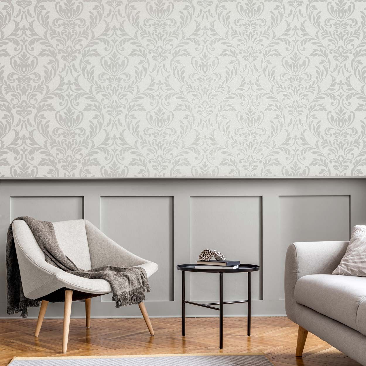 Azara Damask Wallpaper, Light Grey