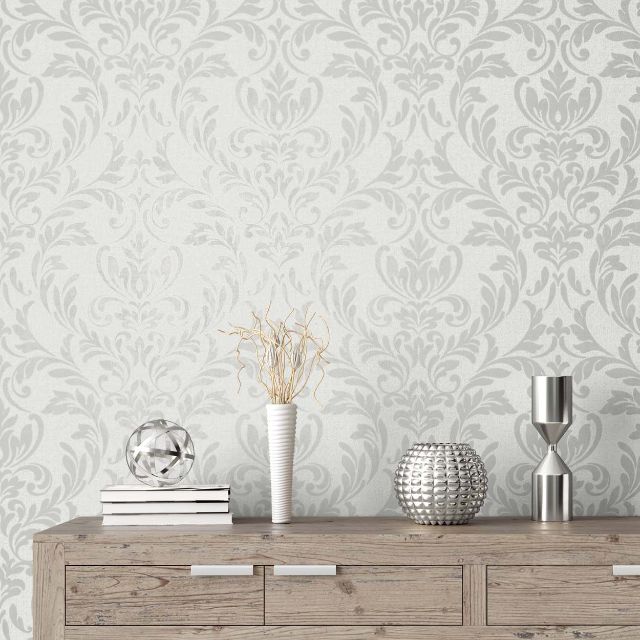 Azara Damask Wallpaper, Light Grey