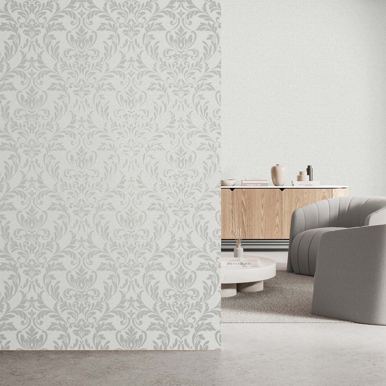 Azara Damask Wallpaper, Light Grey