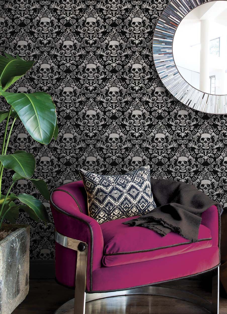 NuWall Skulls Fieri Peel & Stick Wallpaper, Black