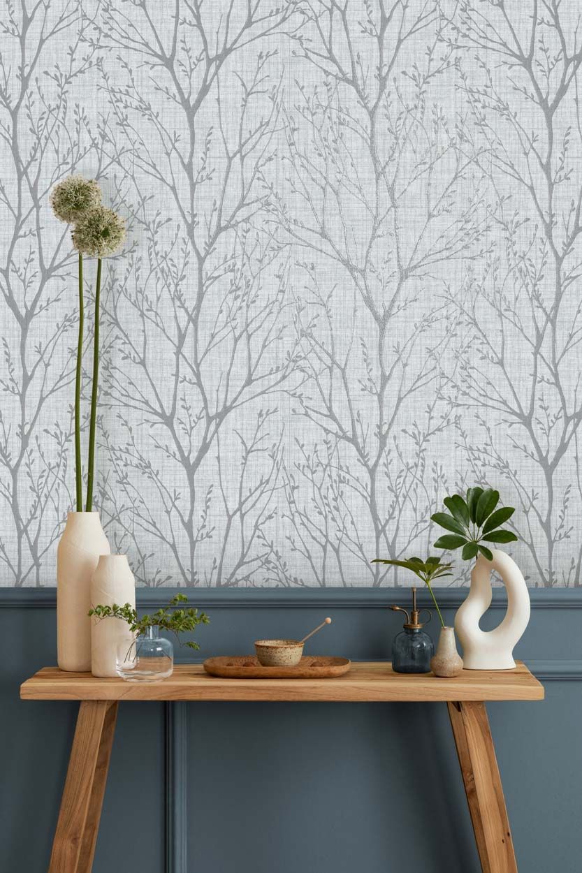 Crown Lynford Trees Mid Weight Vinyl  Wallpaper, Blue