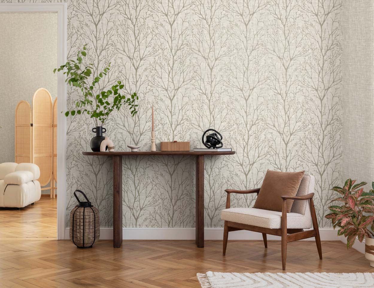 Crown Lynford Trees Mid Weight Vinyl  Wallpaper, Natural