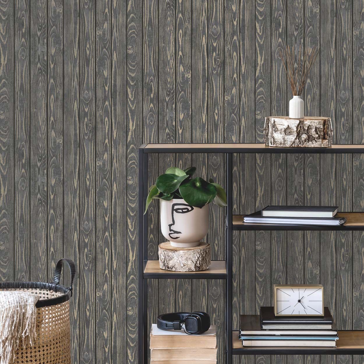 Distinctive Metallic Wood Wallpaper, Charcoal