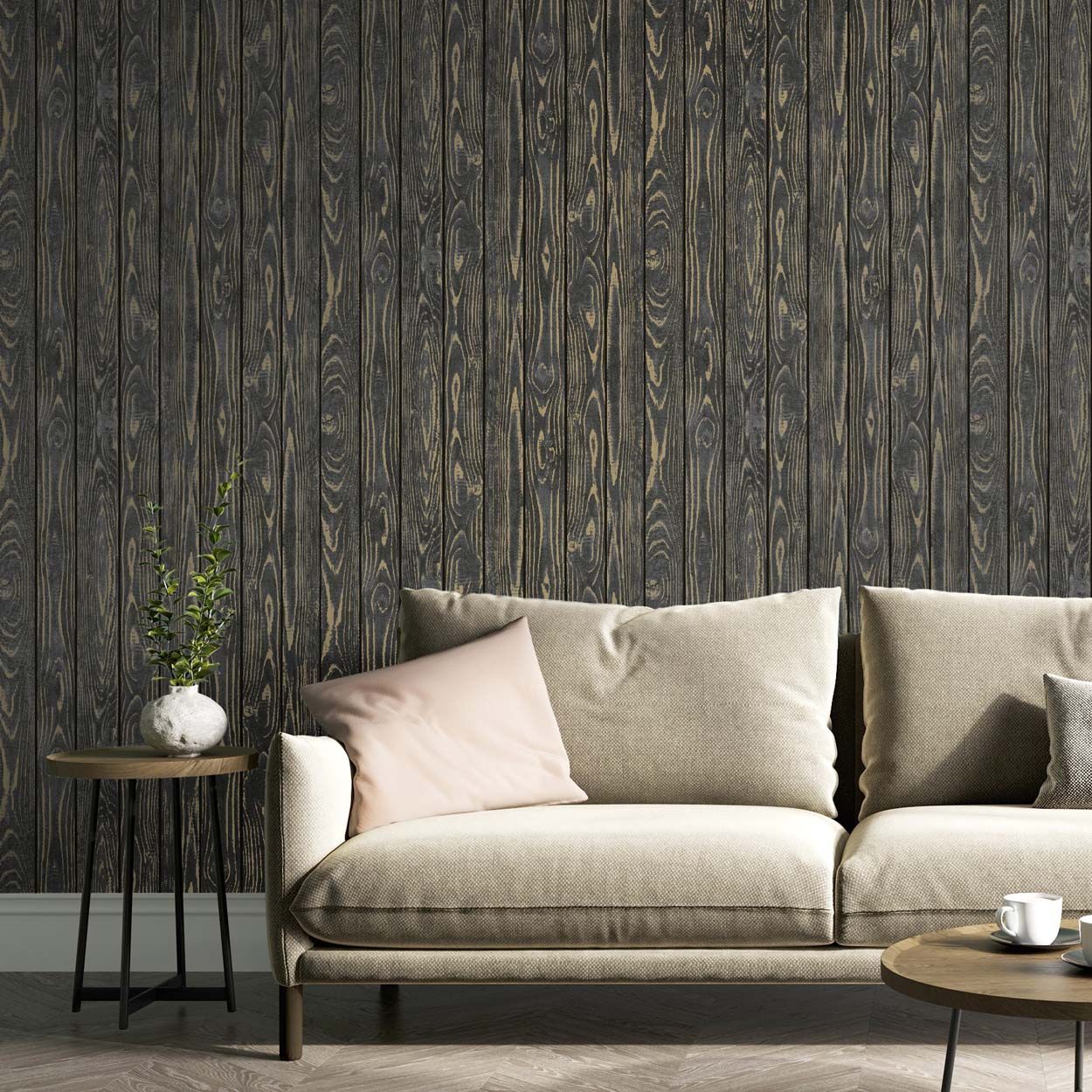 Distinctive Metallic Wood Wallpaper, Charcoal