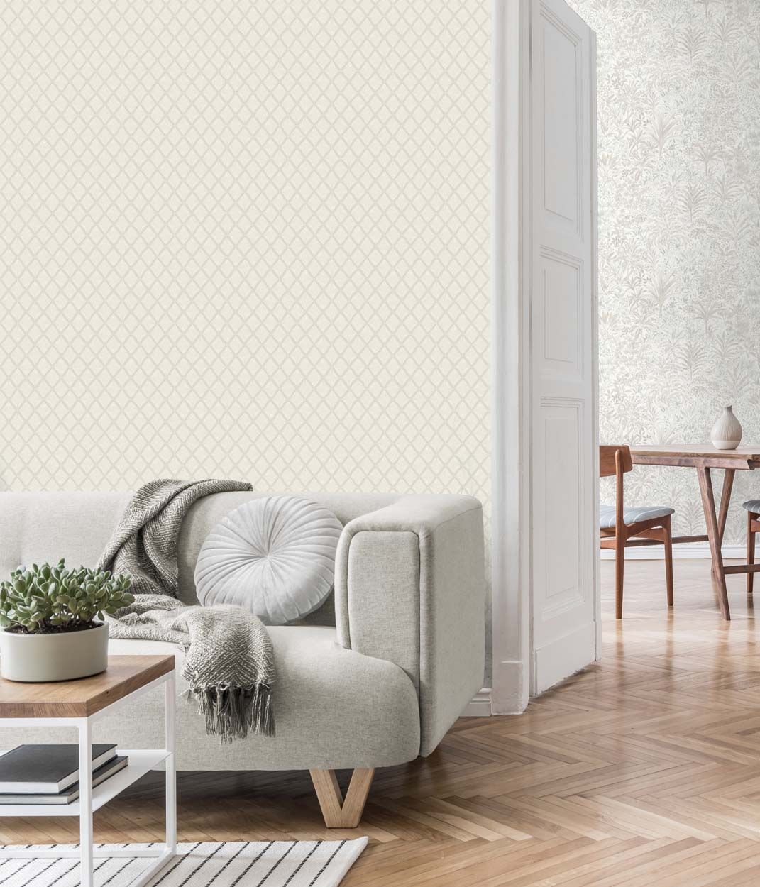 Vymura Santina Trellis Italian Heavyweight Vinyl Wallpaper, White/Silver