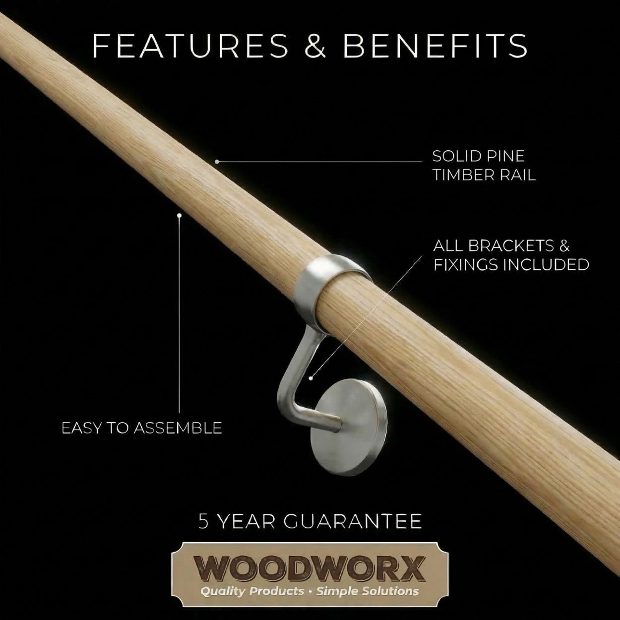 Woodworx Stair Hand Rail Kit Pine Wood 3.6M