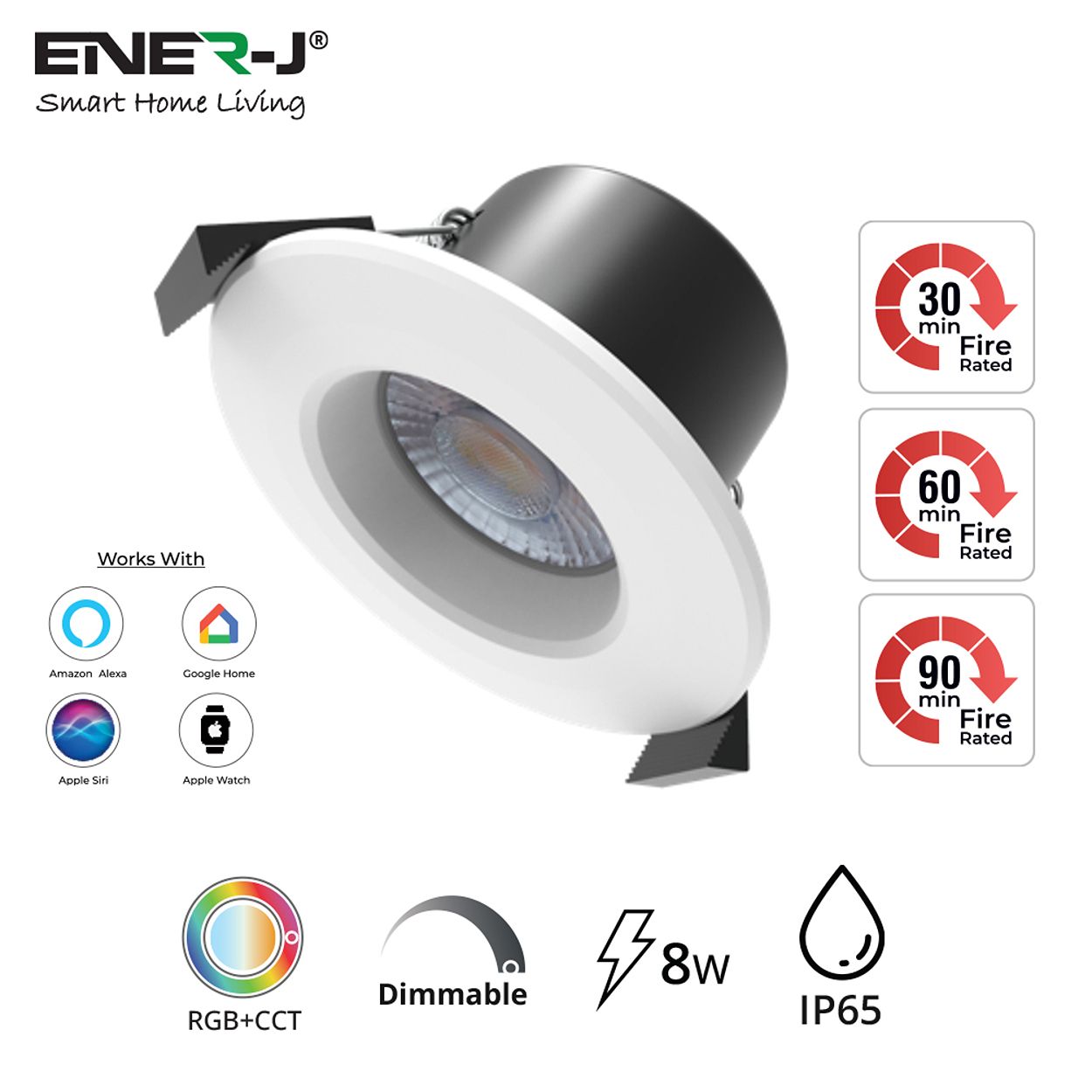 Ener-J Smart Fire Rated Downlight 8W Cct Dimmable Ip65 White 240V