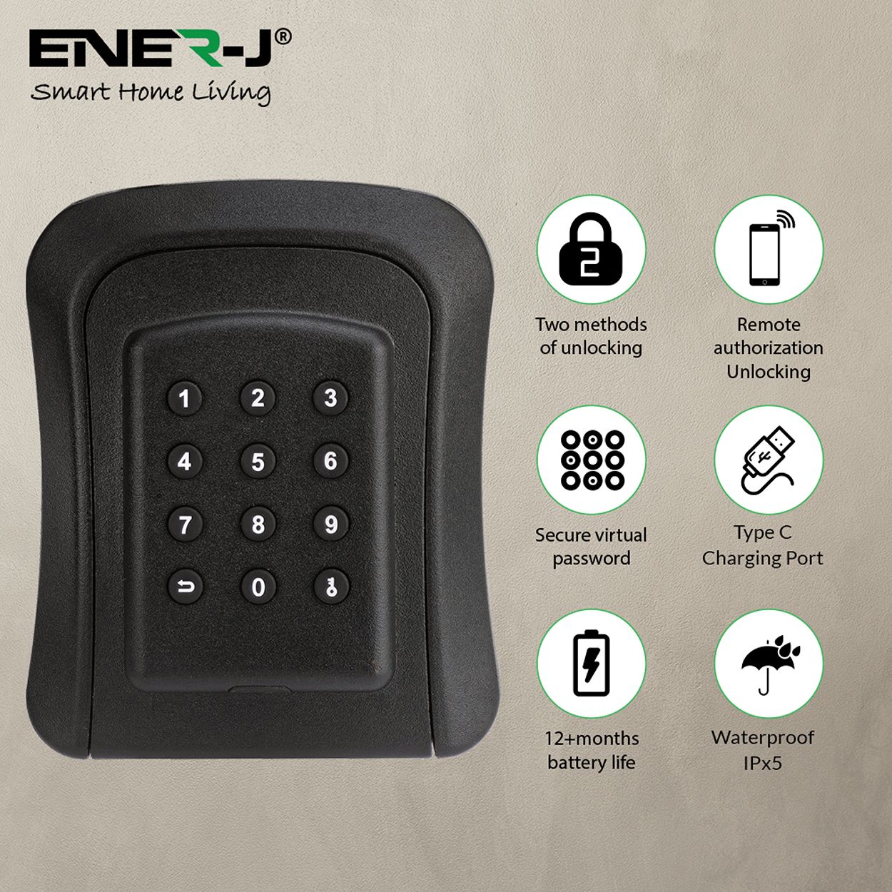 Ener-J Smart Key Lock Box, Smart Key Cabinet, Bluetooth App-Controlled, Ip45 Rated, Sturdy And Reliable