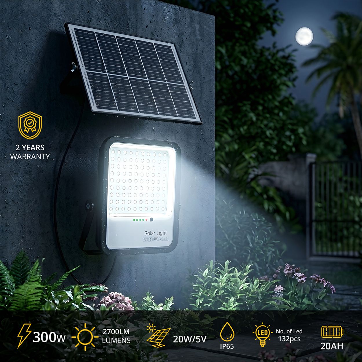 Britwall 300W Led Floodlights With Solar Panels, 30W Solar Panel, 30Ah Battery, 3300 Lumens