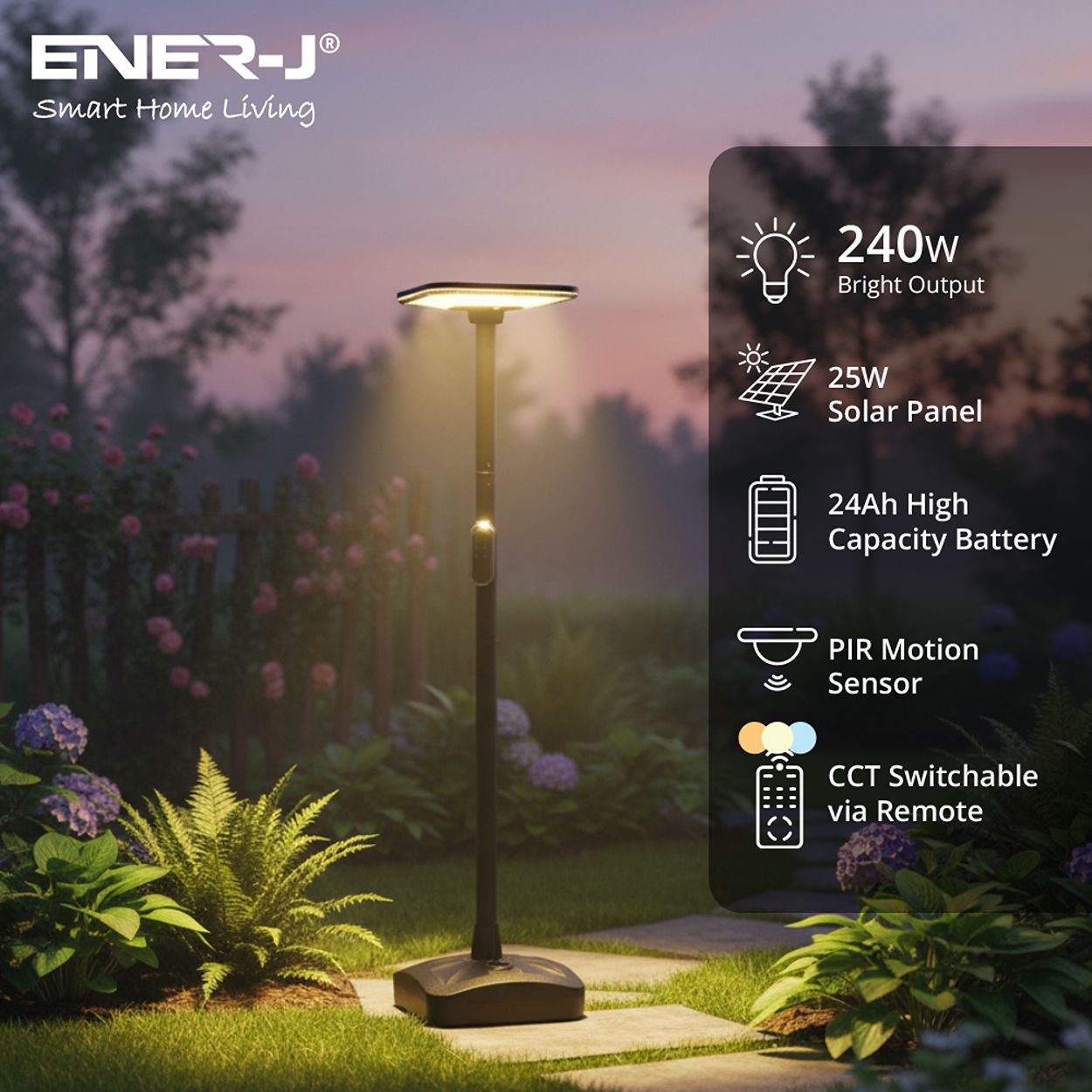 Ener - J 240W Pir Solar Garden Light With Water Tank Stand 25W Solar Panel 24Ah Battery Cct Switchable Black