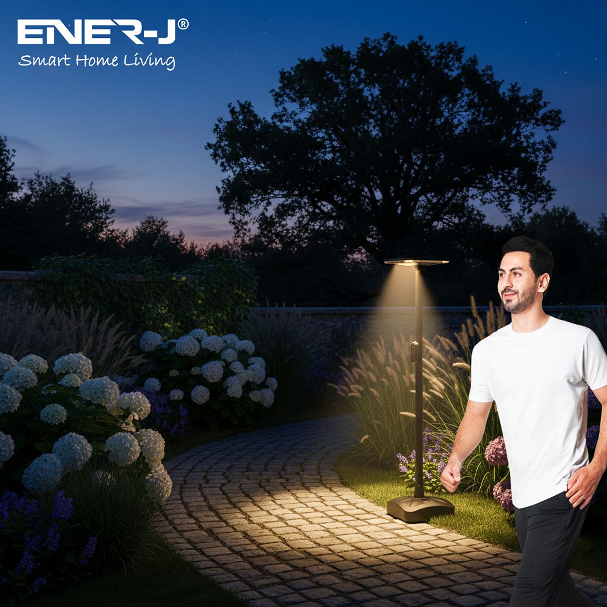 Ener - J 240W Pir Solar Garden Light With Water Tank Stand 25W Solar Panel 24Ah Battery Cct Switchable Black