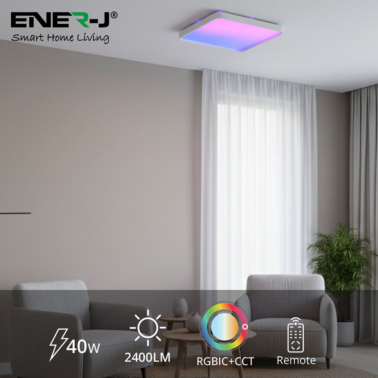 Ener-J 24W Scenic Surface Led Ceiling Light Cct Rgbic Square 380Mm White