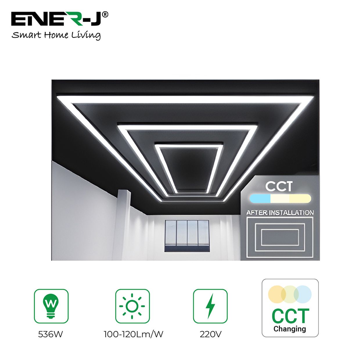 Ener-J 536W Designer Ceiling Light 3 Rectangle Inner Frame Border Cct Switchable Black 240V