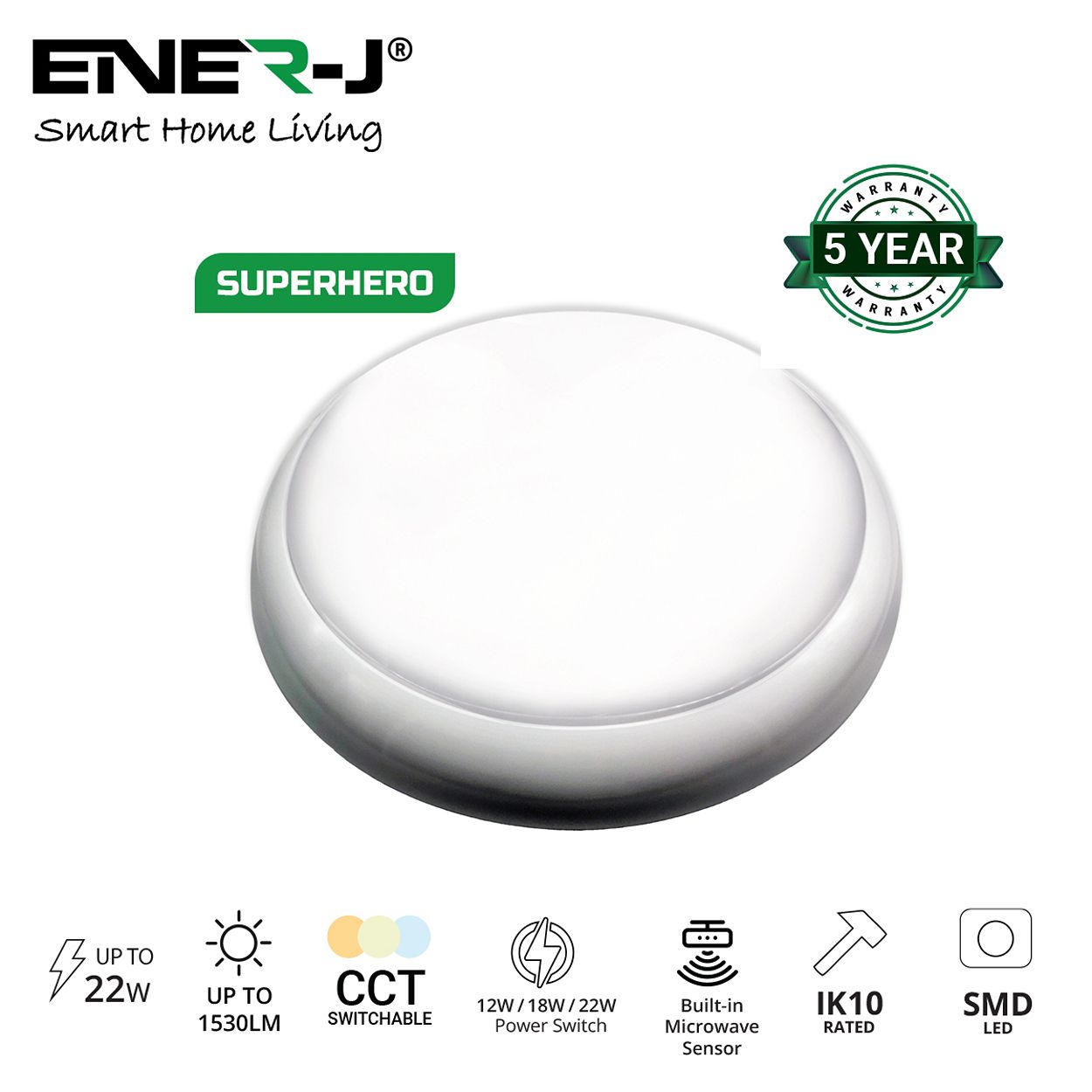 Ener - J Led Bulkhead 9 In 1 Power And Cct Switchable With Microwave Sensor White 320Mm 22W Ip65 Ik10