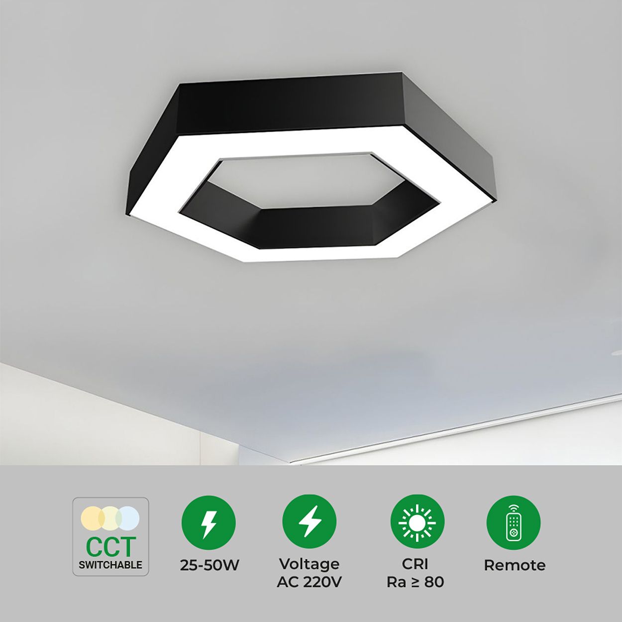 Ener-J Hexaglow Hollow Hexagon Led Light 50W Cct Adjustable Hanging Ceiling Fixture Black 600Mm