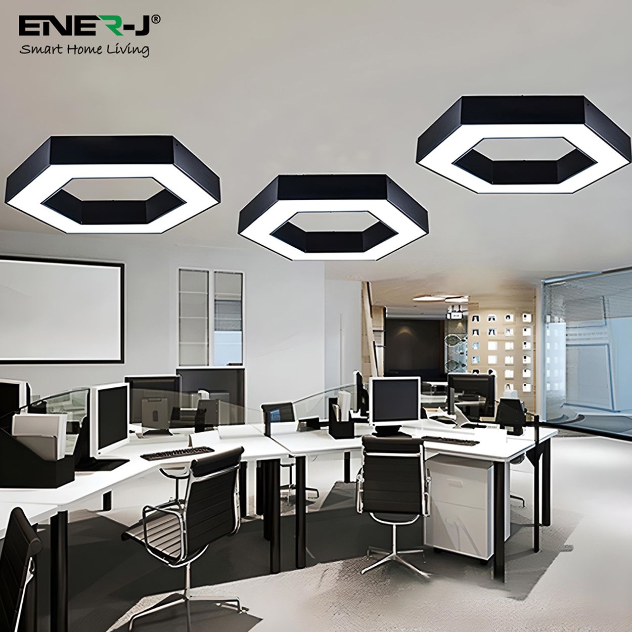 Ener-J Hexaglow Hollow Hexagon Led Light 50W Cct Adjustable Hanging Ceiling Fixture Black 600Mm