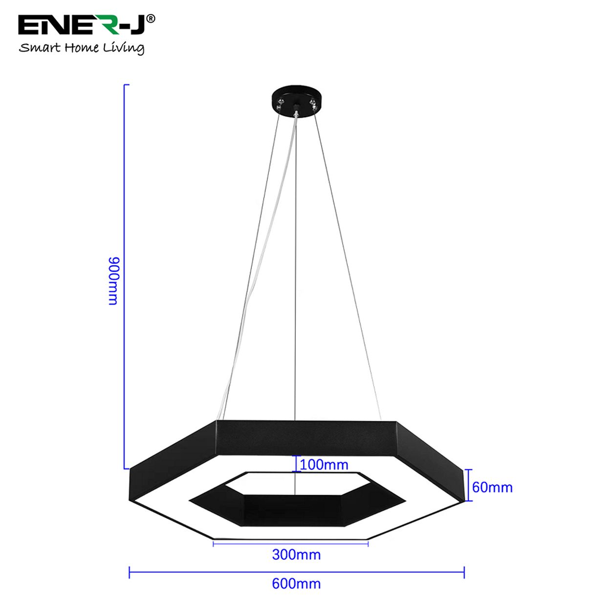 Ener-J Hexaglow Hollow Hexagon Led Light 50W Cct Adjustable Hanging Ceiling Fixture Black 600Mm