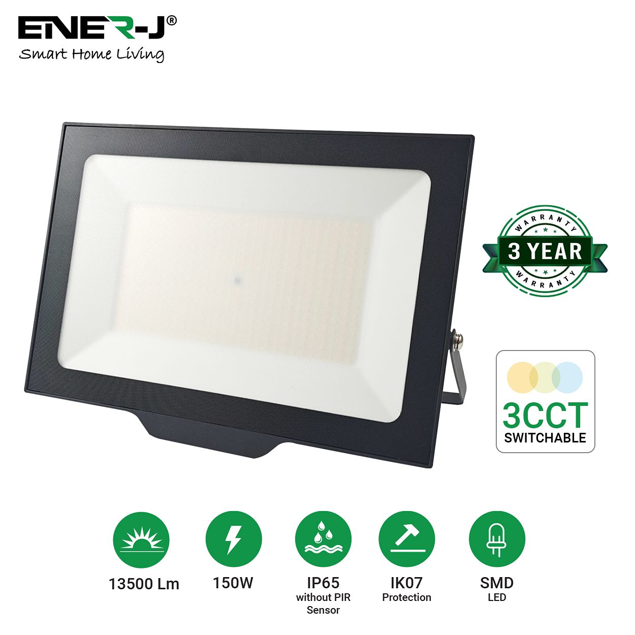 Ener-J 150W Led Floodlight Cct Switchable 3000K 4000K 6000K Ip65 Weatherproof Black 13500Lm