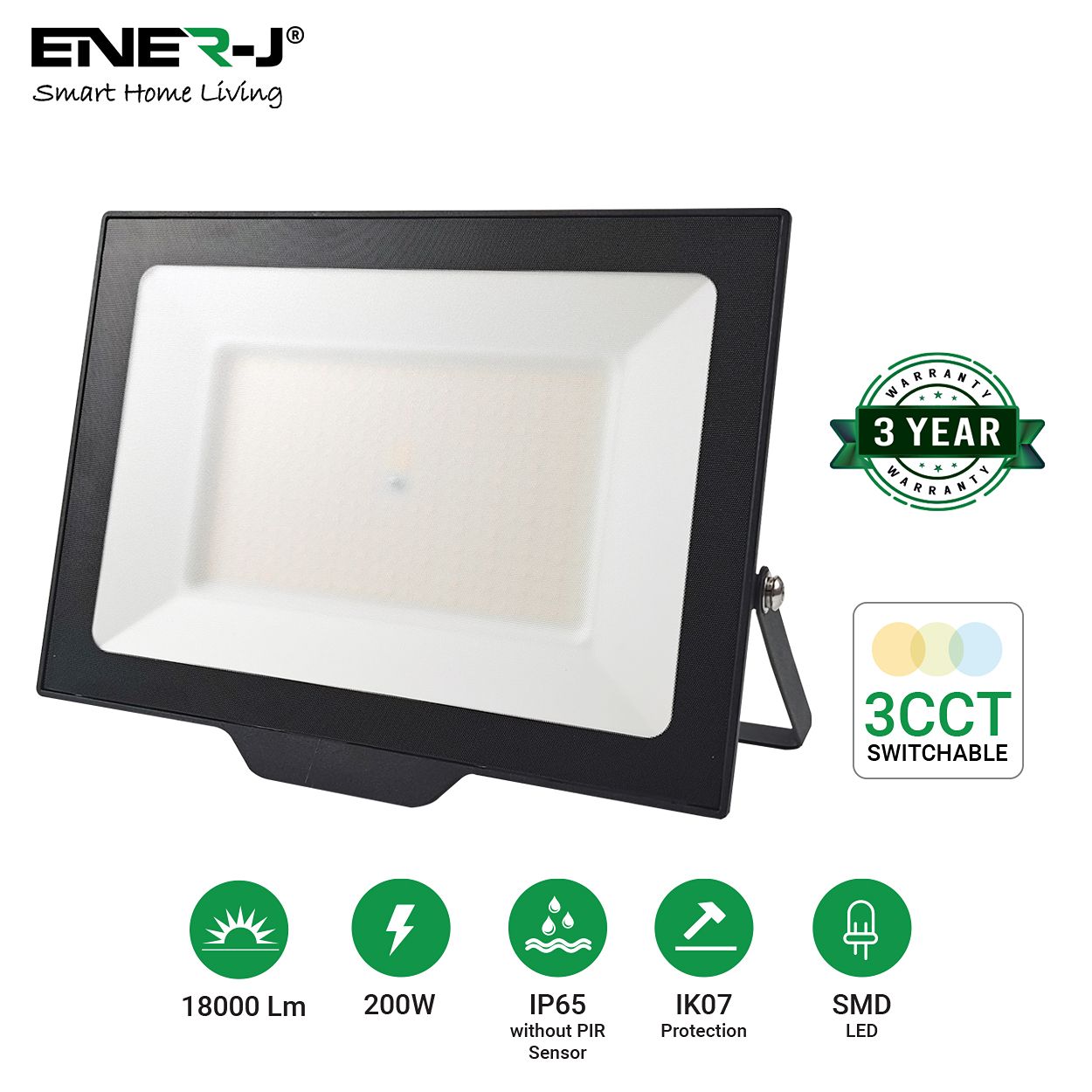 Ener-J 200W Led Floodlight Cct Switchable 3000K 4000K 6000K Ip65 Black 20000Lm