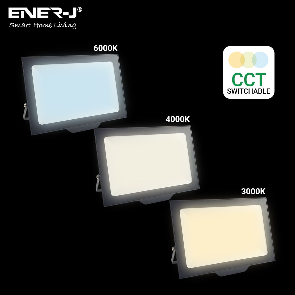 Ener-J 200W Led Floodlight Cct Switchable 3000K 4000K 6000K Ip65 Black 20000Lm