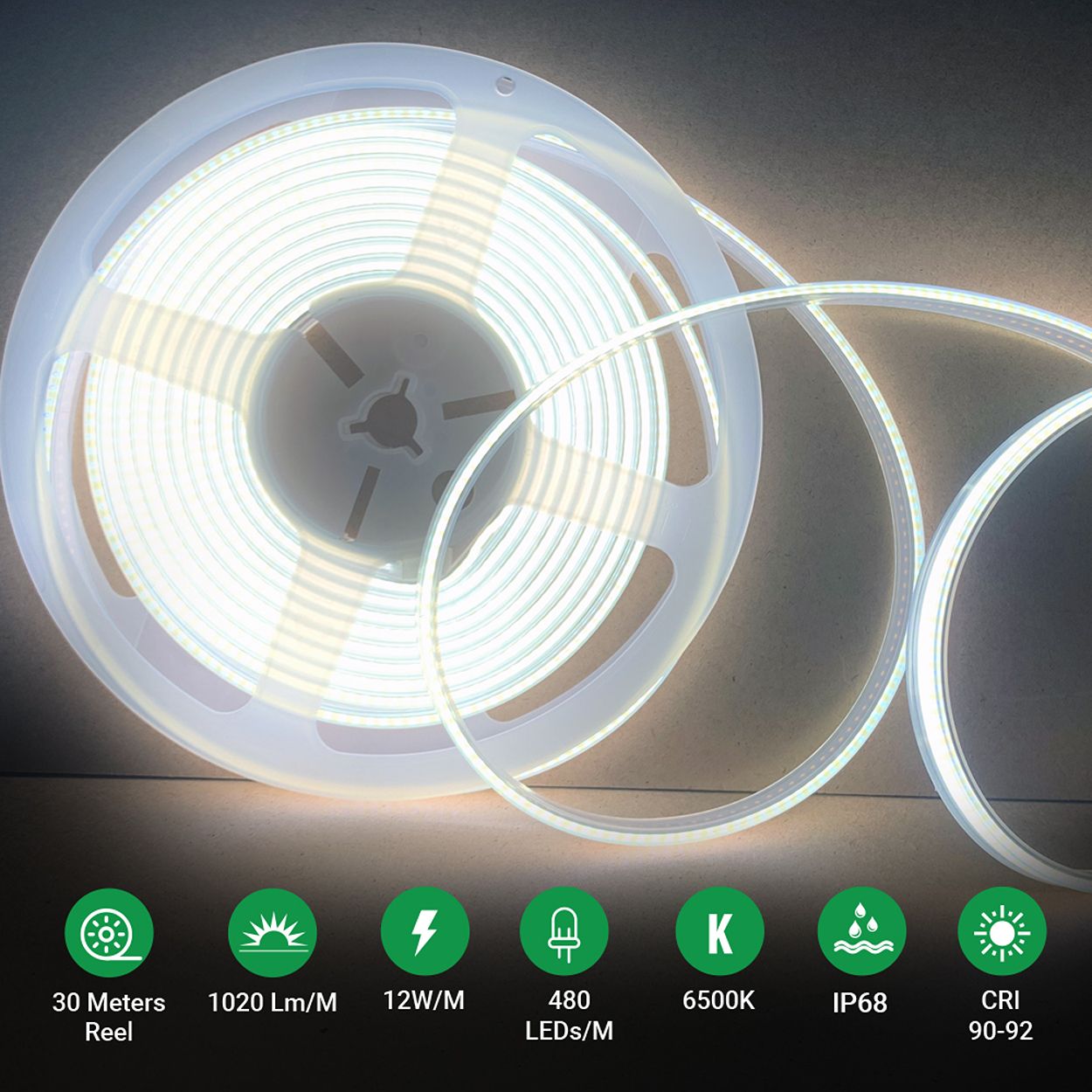 Ener-J 24V Cob Led Strip Lights 30 Meters Reel With 480 Leds/M, 12W/M, 1200Lm/M, Cri 90-92, 6500K, Ip68