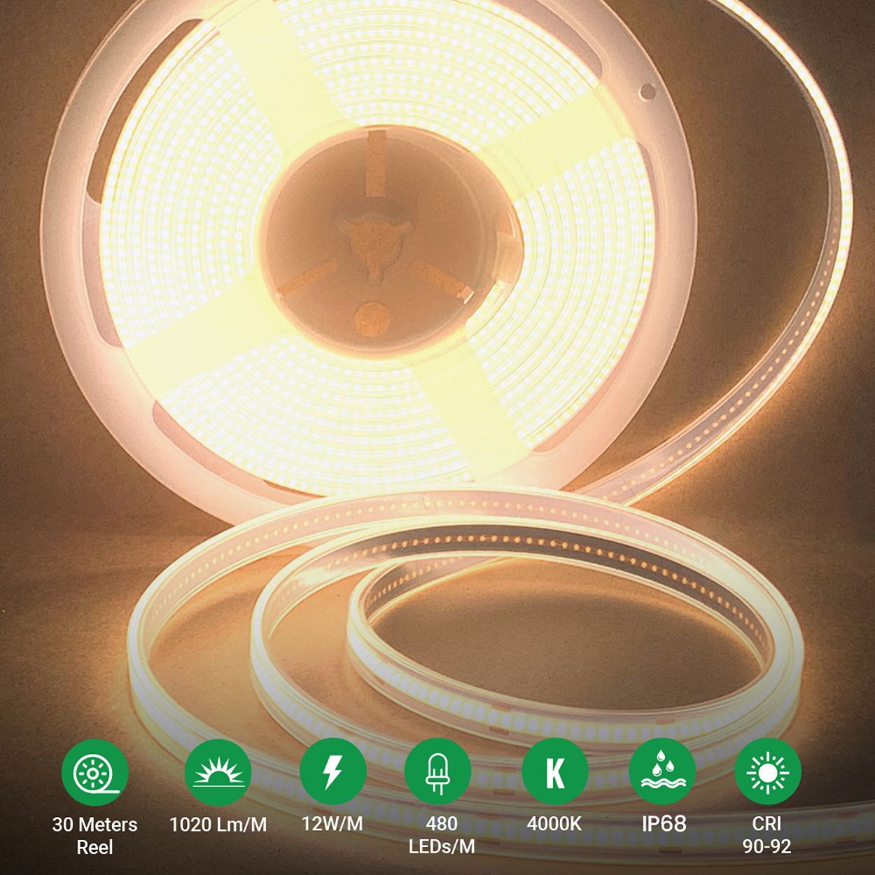 Ener-J 24V Cob Led Strip Lights 30 Meters Reel With 480 Leds/M, 12W/M, 1200Lm/M, Cri 90-92, 4000K, Ip68