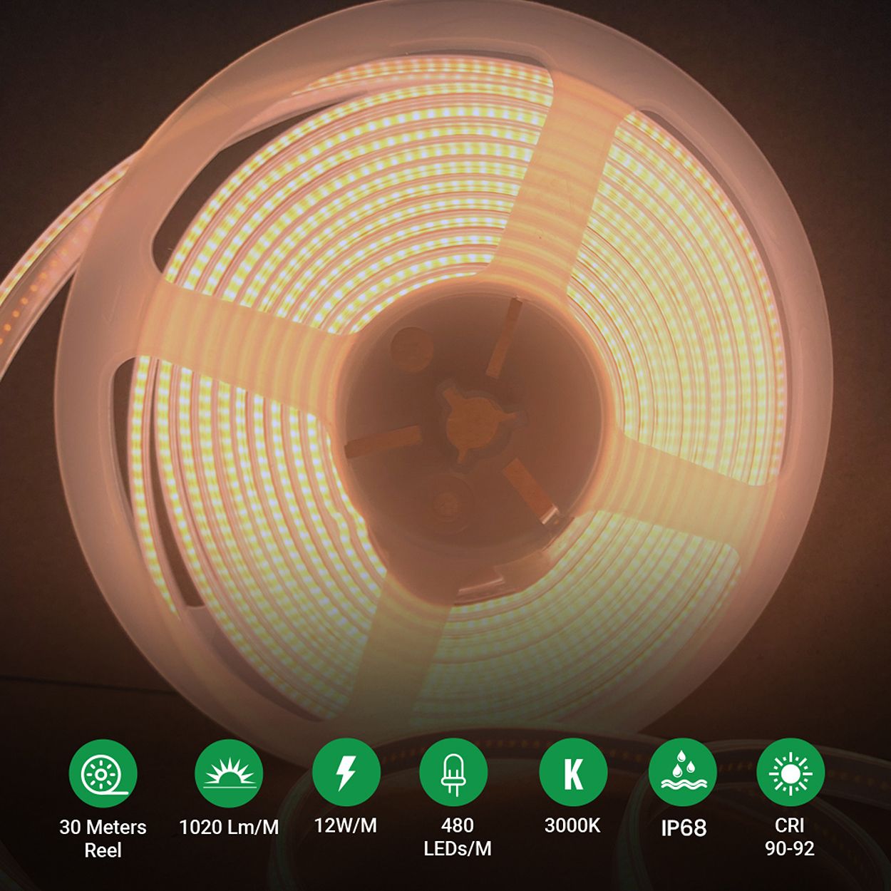 Ener-J 24V Cob Led Strip Lights 30 Meters Reel With 480 Leds/M, 12W/M, 1200Lm/M, Cri 90-92, 3000K, Ip68