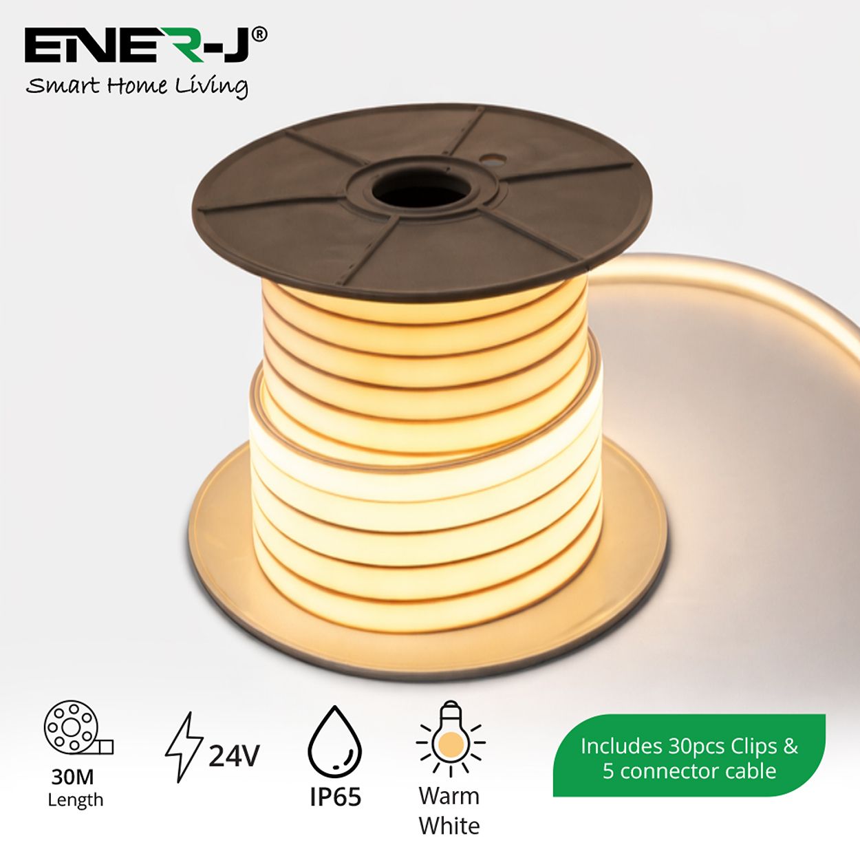 Ener-J 30M 24V Silicon Neon Flex Led Strip 10X10Mm Warm White 210W