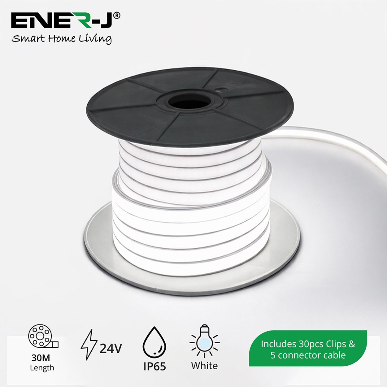 Ener-J 30M 24V Flexible Silicone Neon Led Strip Ip65 10X10Mm 120 Led Per Metre 7W White