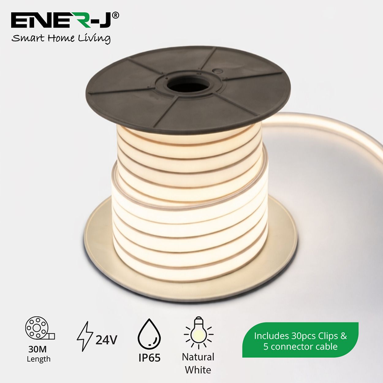 Ener-J 24V Silicon Neon Strip 30M 10X10Mm Natural White 7W Per Metre 120 Leds Per Metre