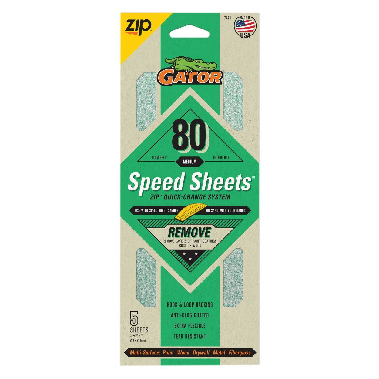 Gator Zip Sheets AlumiNext Hook & Loop 5pack 80Grit