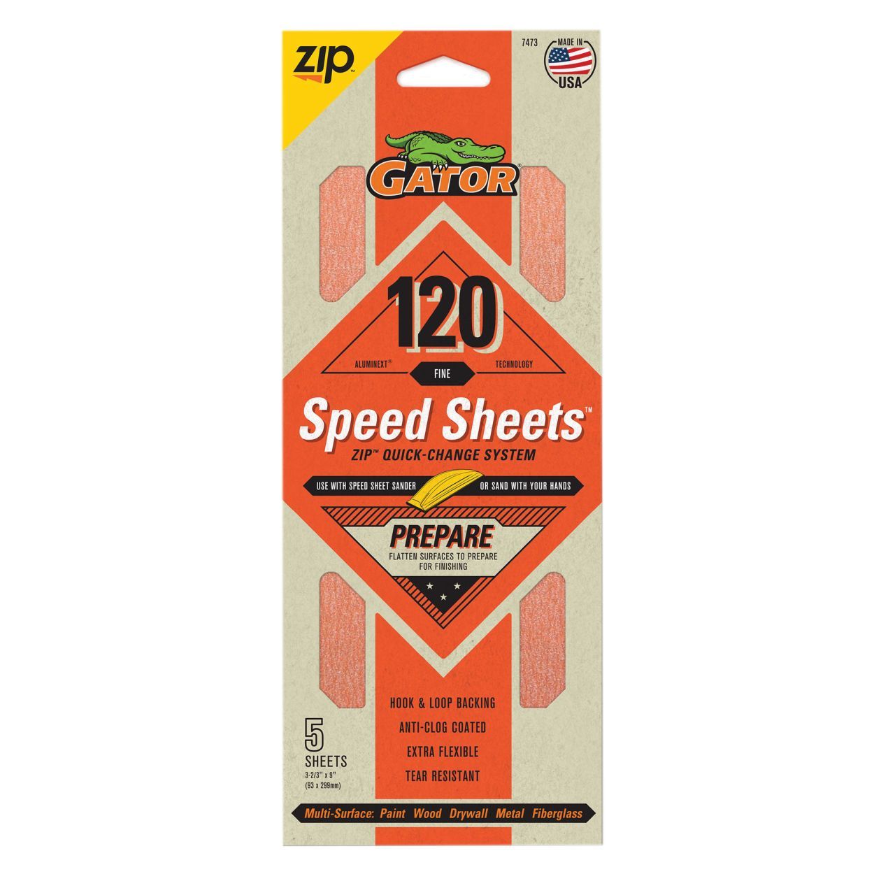 Gator Zip Sheets AlumiNext Hook & Loop 5pack 120Grit