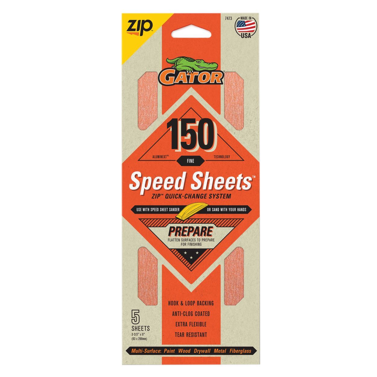 Gator Zip Sheets AlumiNext Hook & Loop 5pack 150Grit