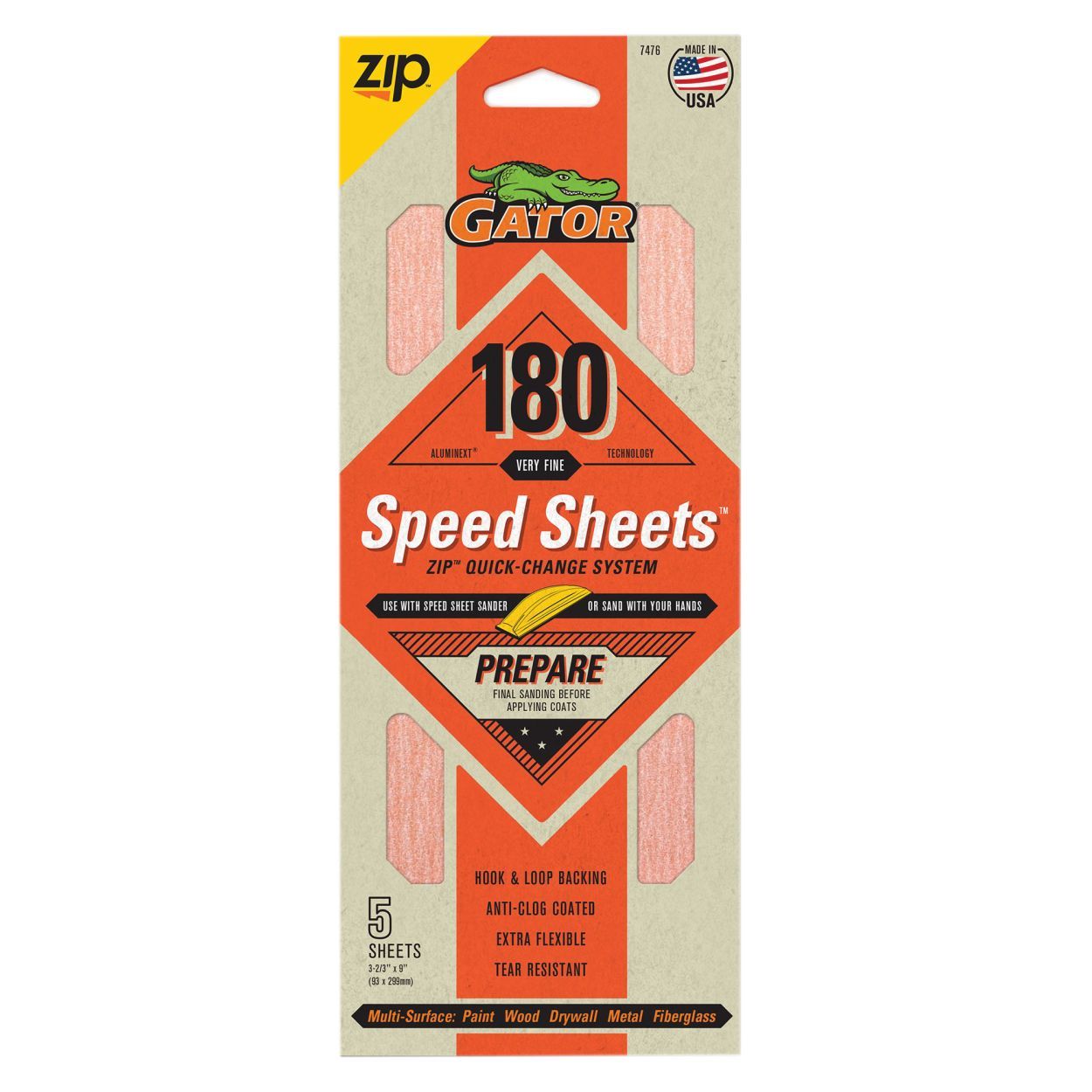 Gator Zip Sheets AlumiNext Hook & Loop 5pack 180Grit