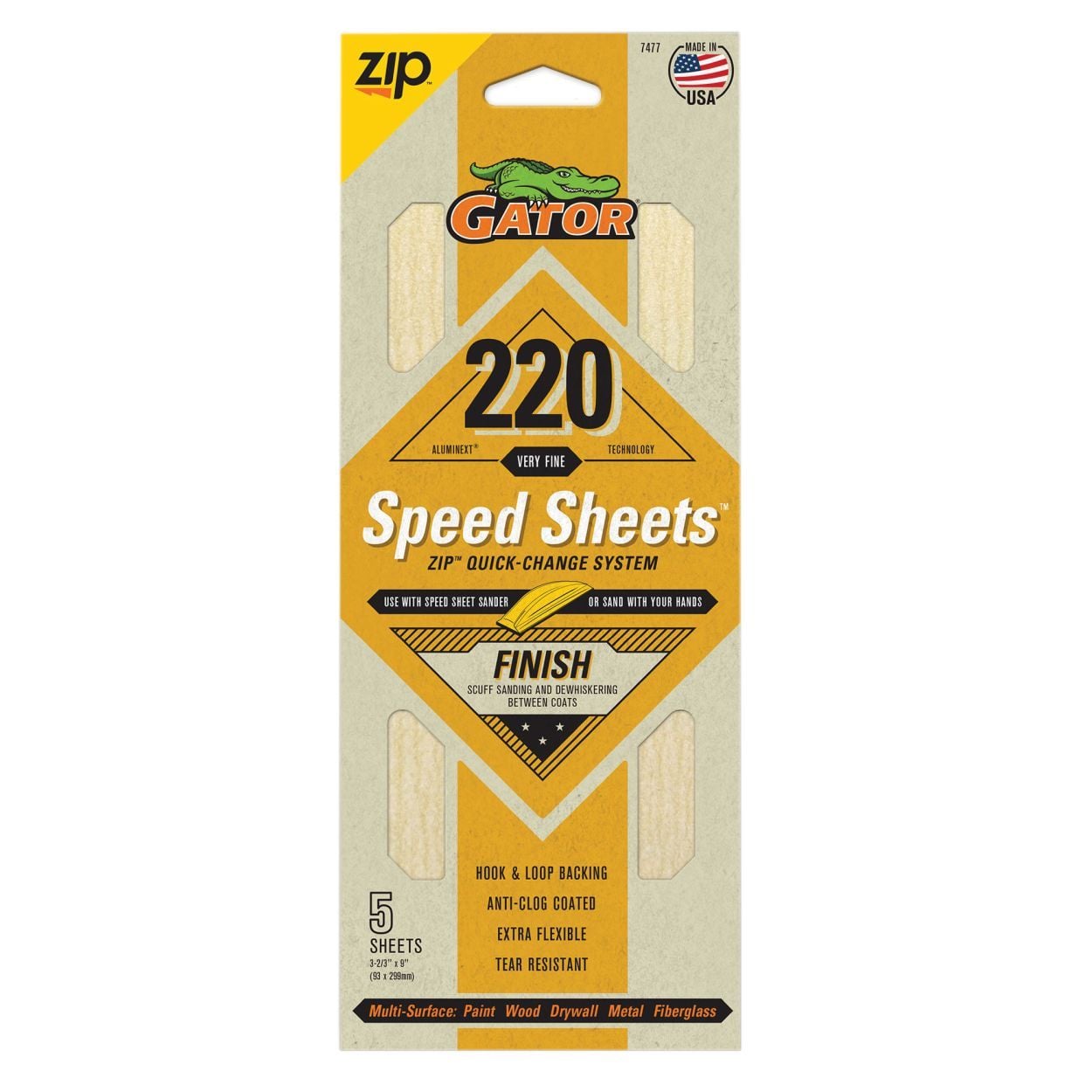Gator Zip Sheets AlumiNext Hook & Loop 5pack 220Grit