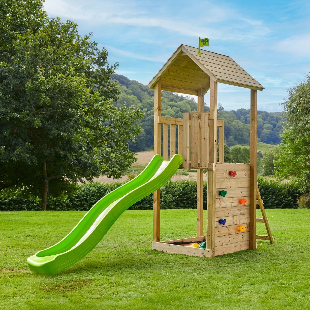 TP Skywood Play Tower with Climbing Wall with Slide