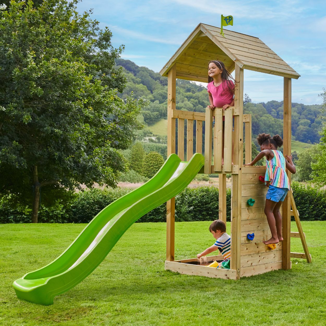 TP Skywood Play Tower with Climbing Wall with Slide