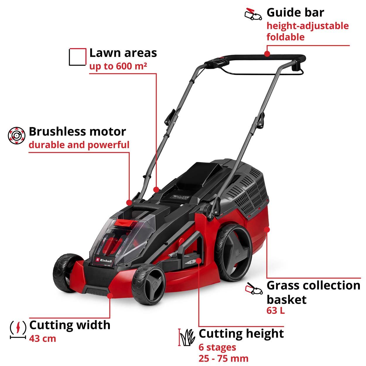 Einhell PXC 36V Cordless Brushless Mower 43cm Cut Wdt 2x4.0Ah
