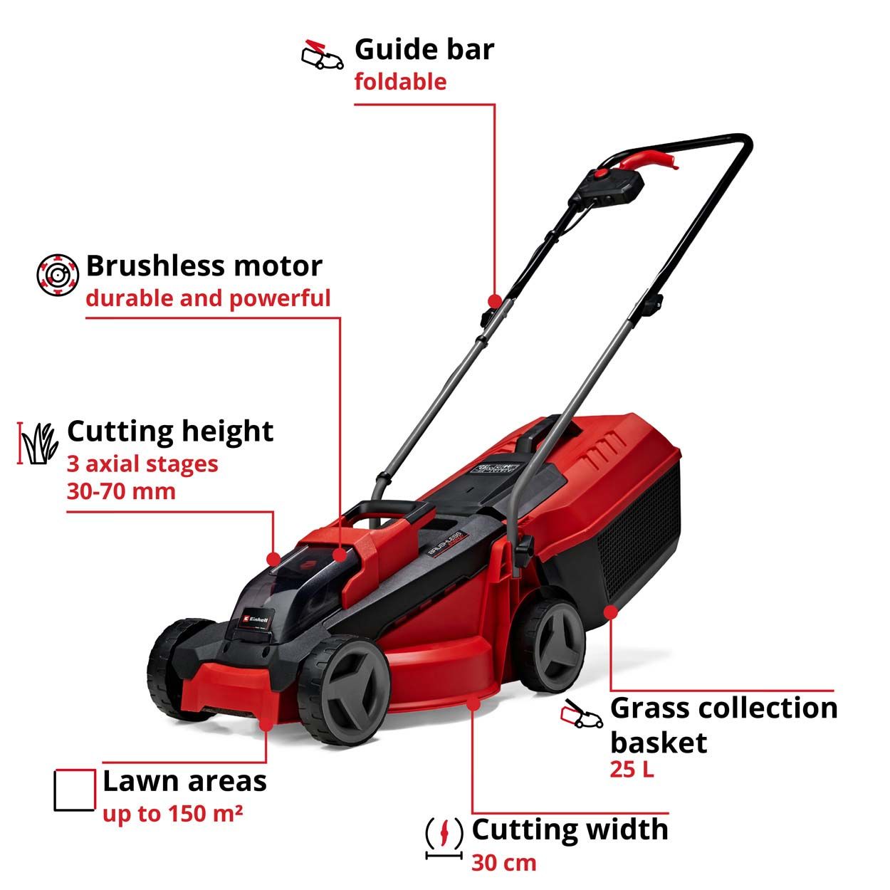 Einhell PXC 18V Cordless Brushless Mower 30cm Cut Wdt 1x3.0Ah
