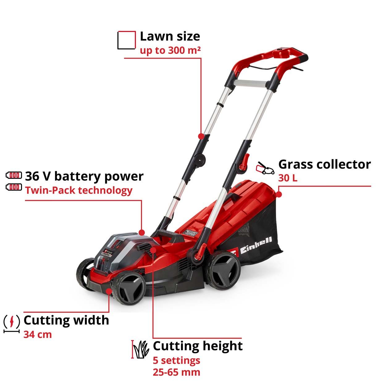 Einhell PXC 36V Cordless Mower 34cm Cutting Width 2x 3.0Ah