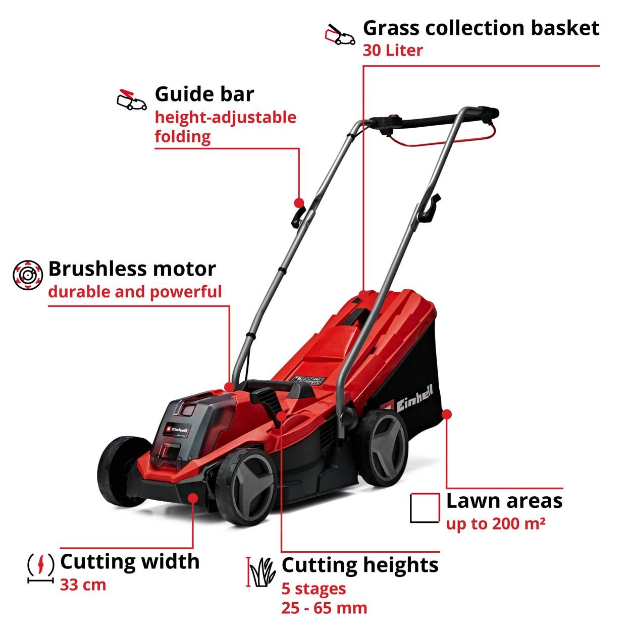 Einhell PXC 18V Cordless Brushless Mower 33cm Cut Wdt 1x4.0Ah