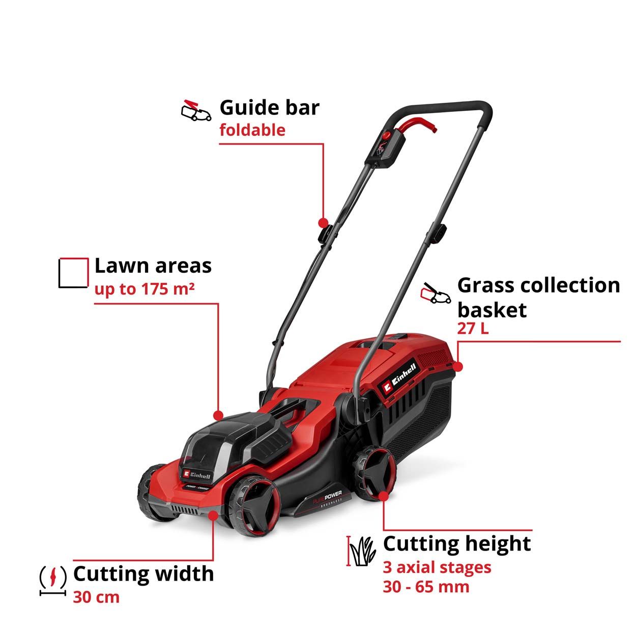 Einhell PXC 18V Cless Brushless Mower 30cm Cut Wdt 1x3.0Ah