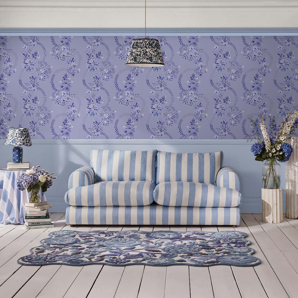 Cath Kidston Road Floral Dusky Blue Wallpaper