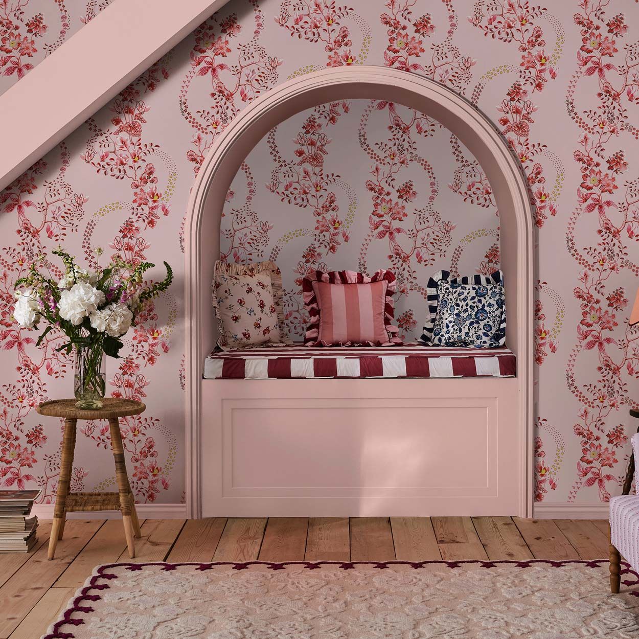 Cath Kidston Road Floral Pink & Red Wallpaper